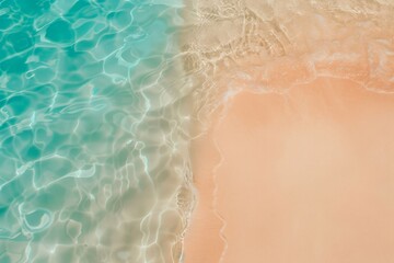 Wall Mural - Turquoise blue ocean water with gentle waves lapping on the shore of a pink sand beach, creating a serene and inviting tropical paradise