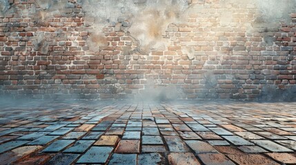 Wall Mural - Old Brick Wall Meets Worn Cobblestone Street Mysteriously with Abstract Background