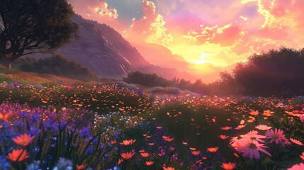 Poster - Sunset illuminates the flower filled field