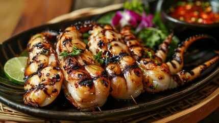 Wall Mural - A plate of spicy grilled squid served with a tangy dipping sauce, adding a kick of flavor to each mouthful.