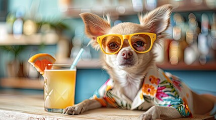 Wall Mural - small Chilled Dog in yellow Sunglasses and Colorful Hawaiian Shirt at the Beach cafe Generative AI