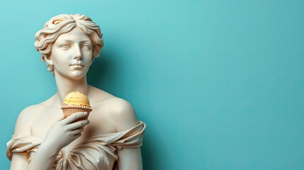 A classical woman sculpture holding an ice cream cone, symbolizing a blend of tradition and contemporary fun on a mint background. Generative AI