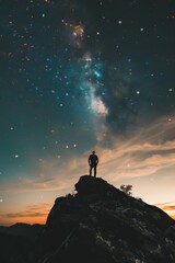 Wall Mural - Silhouette of man on mountain peak under starry sky