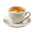© Seksan - A steaming cup of espresso coffee in a white ceramic cup and saucer, showcasing rich crema on top, presented on a plain white background.
