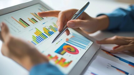 Fototapete - A professional analyzing a graph on a tablet, with additional financial documents spread out on the table.