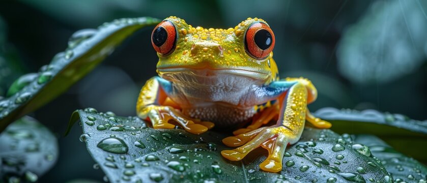 In the thick foliage, the tree frog clings to leaves with sticky pads, its bright colors warning predators. These small amphibians thrive in the humid rainforest, their calls echoing at night.
