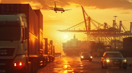 Wall Mural - Container truck in ship port for business Logistics and transportation of Container Cargo ship and Cargo plane with working crane bridge in shipyard at sunrise, logistic import export and transport