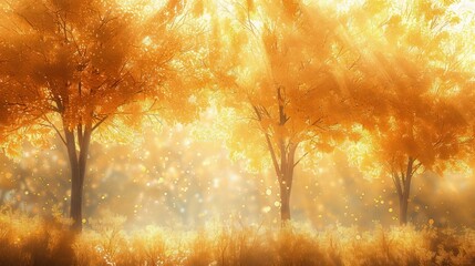 Sticker - An artistic blend of soft-focused trees bathed in the warm, golden tones of autumn creates an enchanting pictorialist landscape painting.