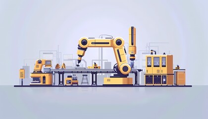 Wall Mural - Flat design manufacturing technology with industrial robots, automated assembly, and production efficiency