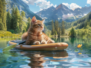 Wall Mural - Kitten on Paddle Board in Lake, Generative AI Illustration