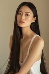 The young Asian beauty's long curly hair with Korean makeup style touches her face and perfect skin against an isolated beige background. Facial care, beauty, plastic surgery.
