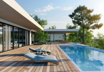 Wall Mural - Beautiful modern wooden terrace with garden and swimming pool