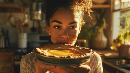 A woman is enjoying a piece of freshly baked pie on a tartan plate, savoring the flaky crust and tasty filling as she chews with satisfaction AIG50