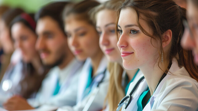 copy space, stockphoto, university students in a medical course. Group of multiracial students following a medical training. Education theme. University students with labcoats.