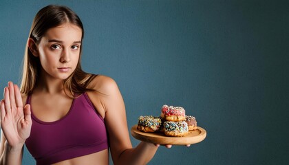 Fit young woman saying NO to sweets 