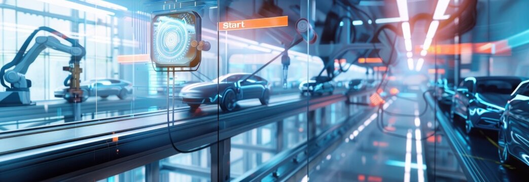 3D rendering of a futuristic car production line with a holographic interface and robotic arms, cars moving on a digital transparent glass road in a modern factory hall.