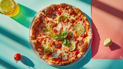 Canvas Print - Tasty pizza with sauce and lime on a colorful backdrop