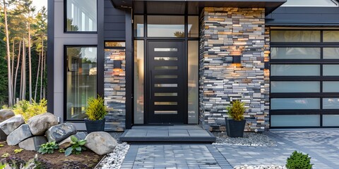 Wall Mural - a modern house with a black front door and a stone walkway leading to the front door