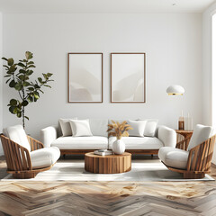 Wall Mural - modern living room interior with minimalist furniture and wooden elements on a herringbone floor, concept of interior design. 3d rendering isolated on white background, photo, png