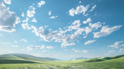 Wall Mural - A panoramic view of a bright, clear sky with scattered clouds casting soft shadows over rolling hills