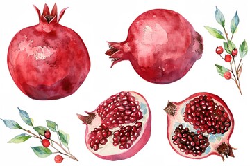 Wall Mural - a watercolor painting of pomegranates and leaves on a white background