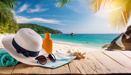 Wall Mural - tropical beach with sunbathing accessories summer holiday background