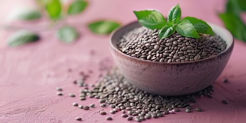 Wall Mural - bowl of chia seeds on a pink surface with leaves on top of it