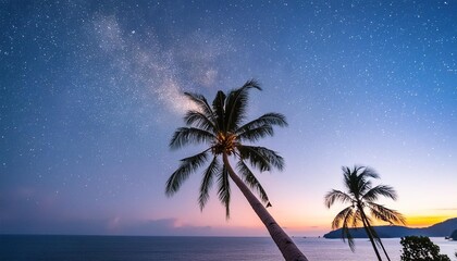 Wall Mural - starry night sky against with coconut palm tree and romantic evening twilight sky