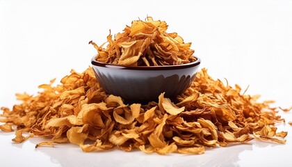 Poster - pile of crispy fried onion flakes in a bowl isolated on white crunchy roasted onion crumbs close up