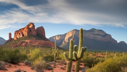 Wall Mural - landscape desert with cacti and sandstone mountains