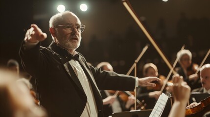 Wall Mural - A conductor in a tuxedo leads an orchestra in a concert hall, his expressive gestures guiding the musicians through the performance