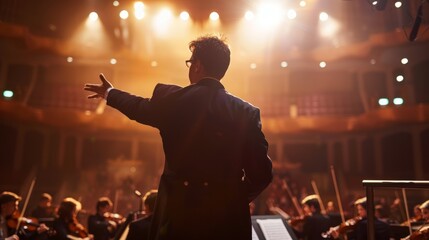 Wall Mural - A conductor directs a symphony orchestra in a concert hall setting, with stage lights illuminating the performance