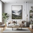 © Armstrong - A living room style interior set design with a mockup poster empty white and with a large picture of a landscape.