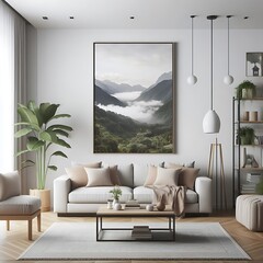 A living room style interior set design with a mockup poster empty white and with a large picture of a landscape.