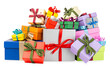 © stockphoto-graf - many colorful birthday various gift box pile isolated on white background. celebration holiday christmas present concept
