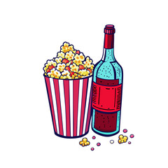 hand drawn logo popcorn and red wine bottle