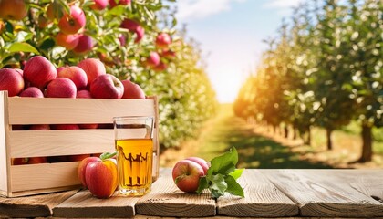 Wall Mural - apple crate and glass of juice on wooden table with sunny orchard background autumn harvest concept