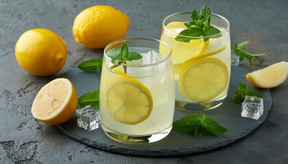 Wall Mural - refreshing lemonade with mint leaves and ice on gray stone table