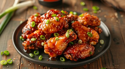 Close-up shot of a plate of golden brown, crispy Korean fried chicken wings, glazed with a sweet sauce and topped with green onions