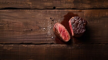 Poster - A close-up image of a perfectly cooked, sliced fillet mignon steak on a dark wooden surface, with copy space on the right side