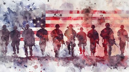 Wall Mural - American military on the background of the flag, watercolor illustration.