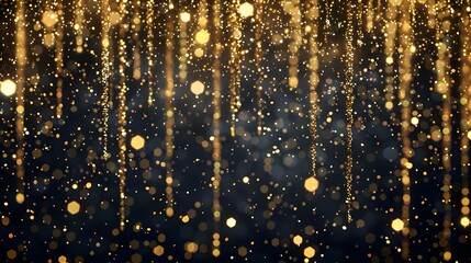 Wall Mural - Shiny golden glitter rain draping down on black background, sparkling particles celebration background, for party, poster, greeting card, Christmas and new year