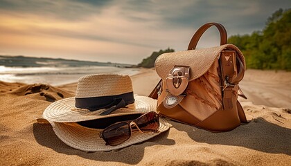 summer accessories on sandy beach