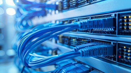 a close-up shot of blue network cables intricately connected to servers in a data center