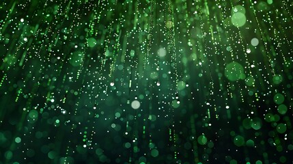 Wall Mural - Shiny green glitter rain draping down on black background, sparkling particles celebration background, for party, poster, greeting card, Christmas and St Patrick's Day