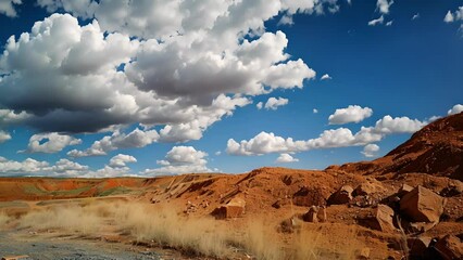 Canvas Print - A striking contrast between the deep red bauxite ore and the bright white clouds in the sky above.