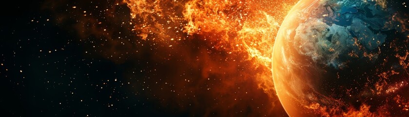 Canvas Print - planet earth engulfed in flames against black backdrop