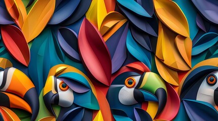 Abstract Parrot and Leaf Design in Bold, Dynamic Colors