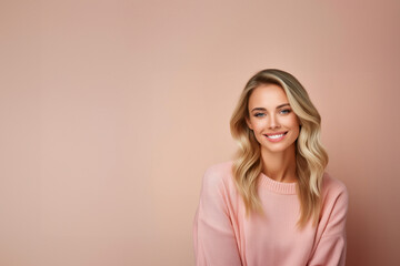  A capturing the genuine smile of a young woman with blonde long groomed hair against a plain pastel background with copy space 