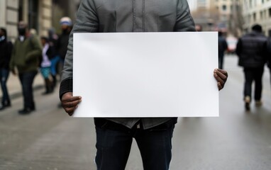Person holding a blank white placard sign in an urban setting. Close-up photography with focus on the sign. Protest and message concept for design and print.
